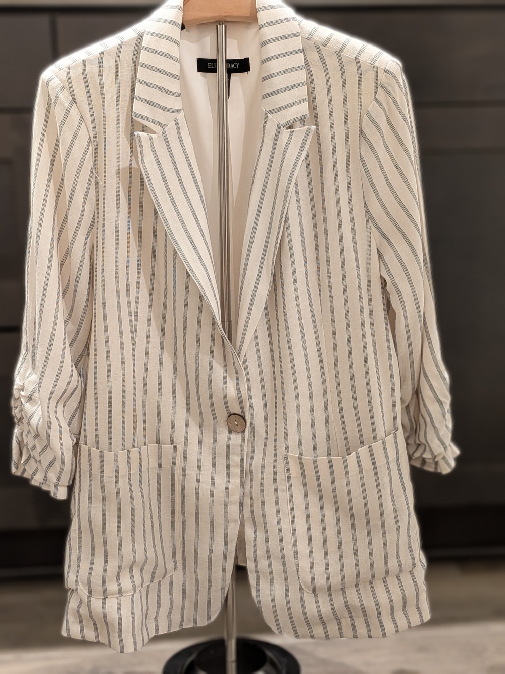 Ellen Tracy Cream Striped Linen Single-Button Blazer, Size M